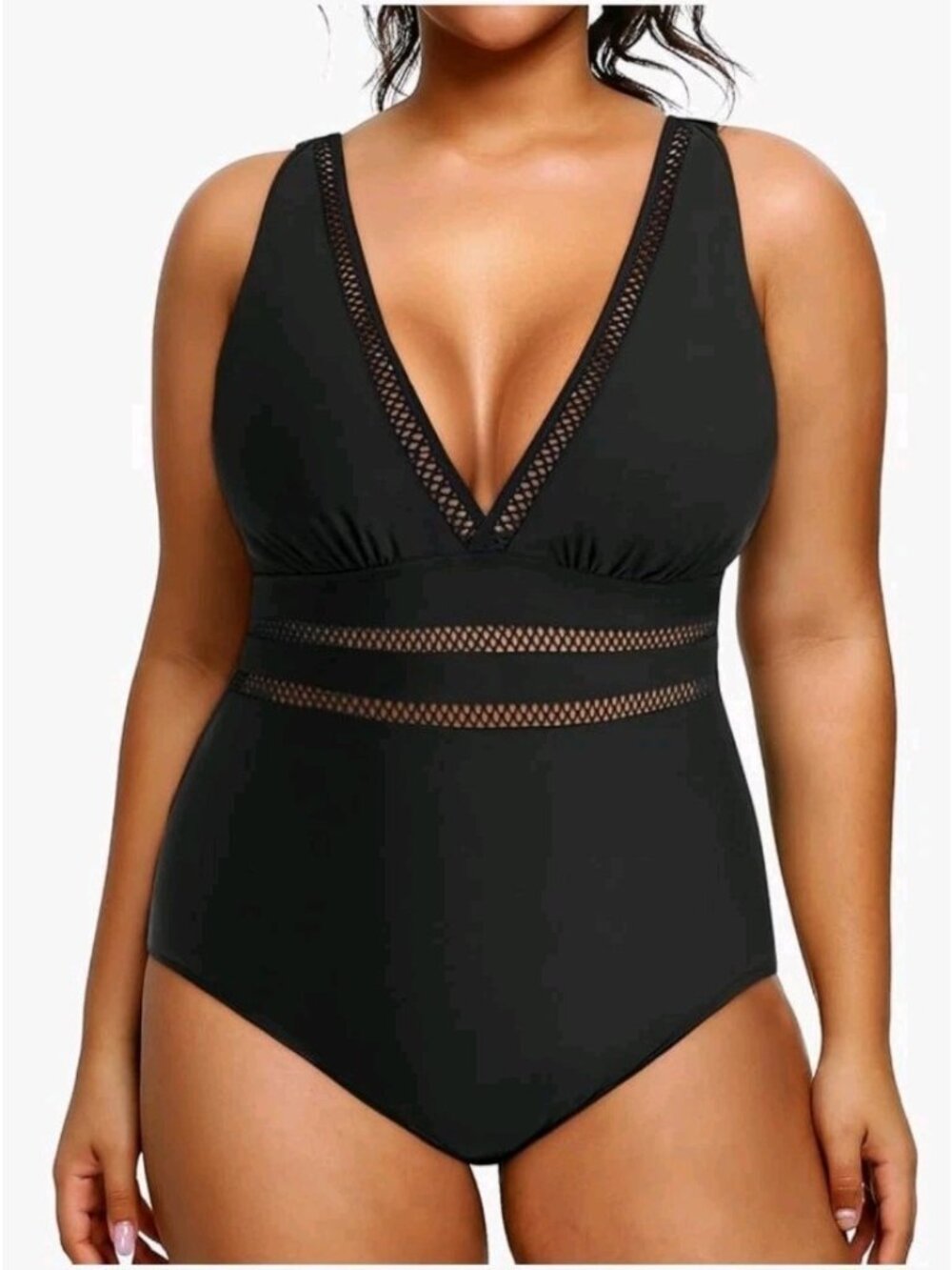 Daci Womens Plus 26W One Piece Swimsuit Black V Neck Bathing Suit Hollowed Out